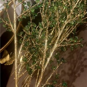 3 Glitter Gold Branch Spray with Emerald Green Leaves